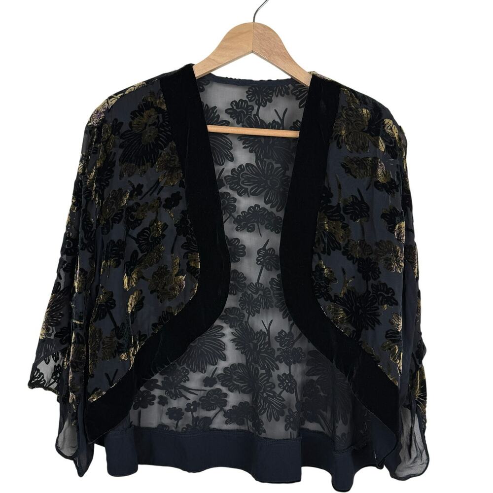 Vintage Velvet Burnout Silk Blend Bolero Jacket Black Gold Romantic Whimsygoth